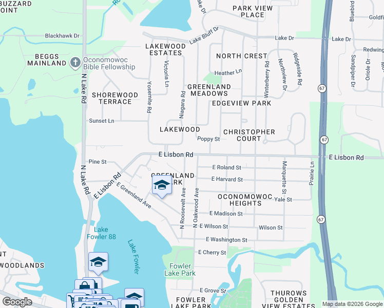 map of restaurants, bars, coffee shops, grocery stores, and more near 544 East Lisbon Road in Oconomowoc
