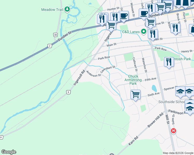 map of restaurants, bars, coffee shops, grocery stores, and more near 18 Anderson Street in Woodstock
