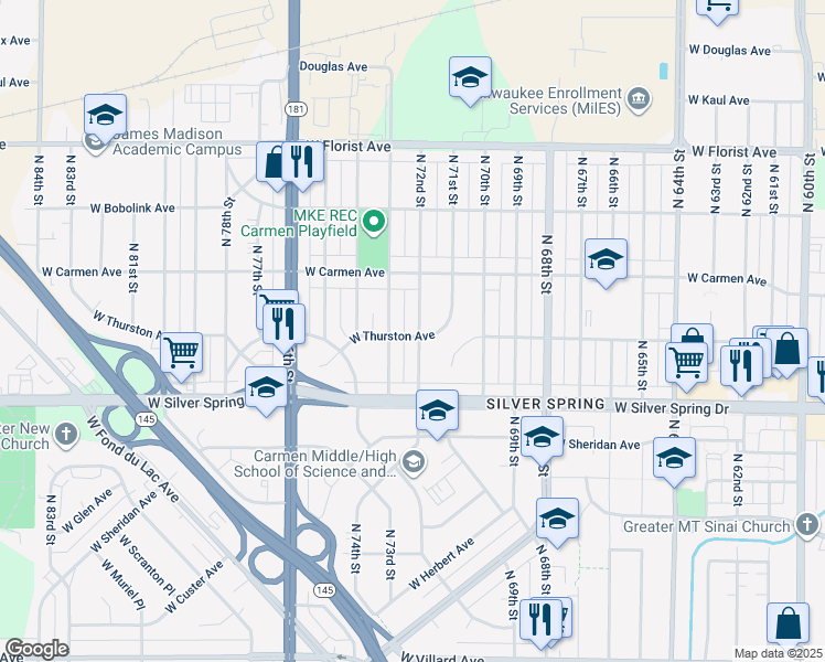 map of restaurants, bars, coffee shops, grocery stores, and more near 5701 North 72nd Street in Milwaukee