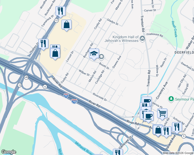 map of restaurants, bars, coffee shops, grocery stores, and more near 502 Melvin Road in Utica