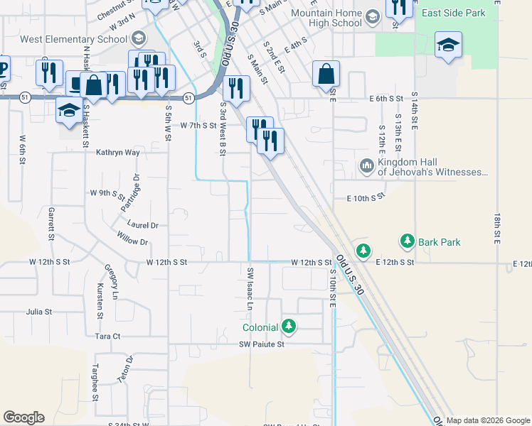 map of restaurants, bars, coffee shops, grocery stores, and more near 240 Southwest Dawn Drive in Mountain Home