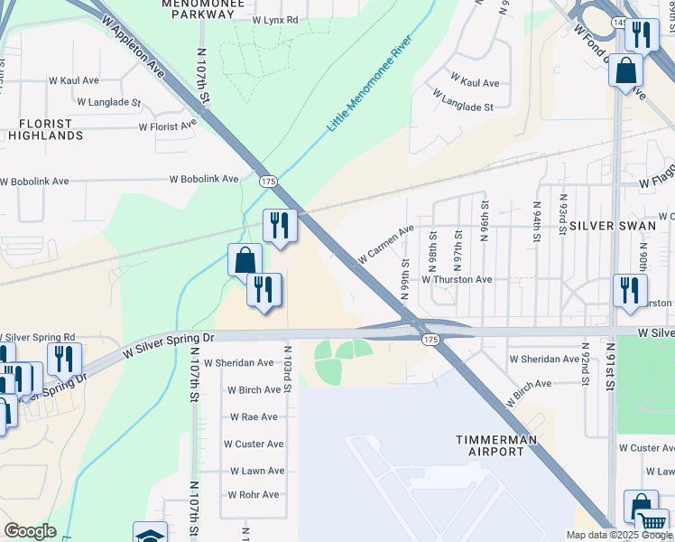 map of restaurants, bars, coffee shops, grocery stores, and more near 10105 West Appleton Avenue in Milwaukee