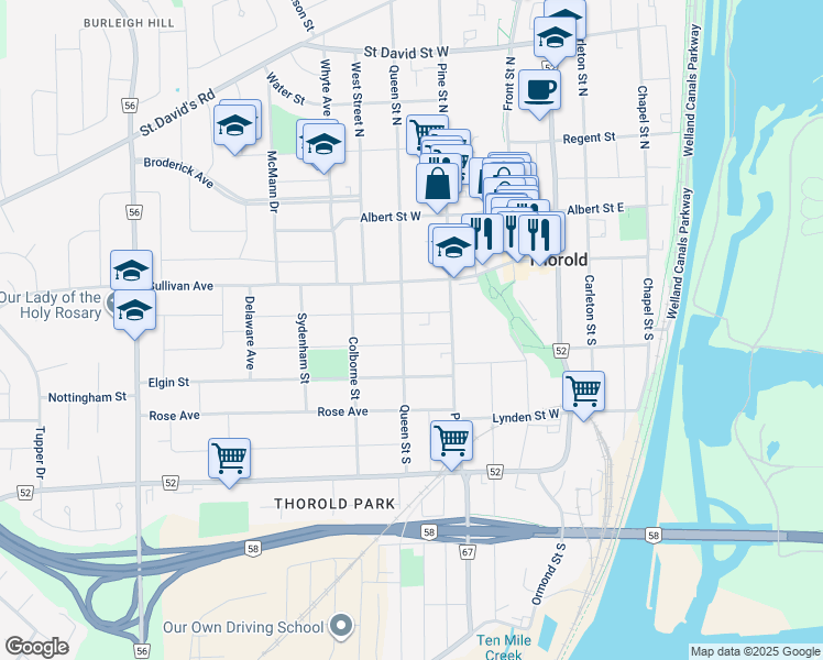 map of restaurants, bars, coffee shops, grocery stores, and more near 54 Queen Street South in Thorold