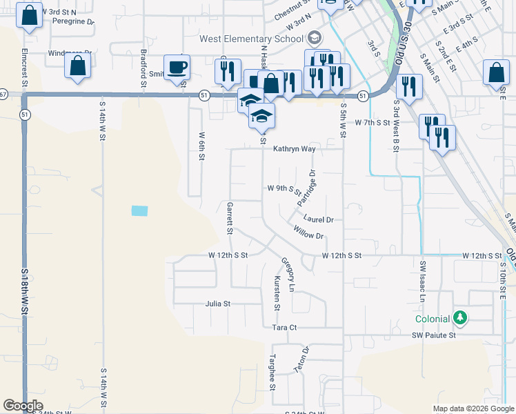 map of restaurants, bars, coffee shops, grocery stores, and more near 915 South Haskett Street in Mountain Home
