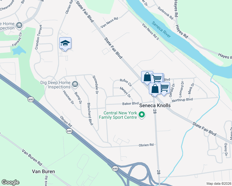 map of restaurants, bars, coffee shops, grocery stores, and more near 113 Meays Drive in Syracuse