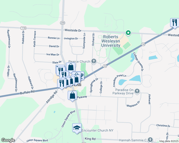 map of restaurants, bars, coffee shops, grocery stores, and more near 69 Orchard Street in North Chili
