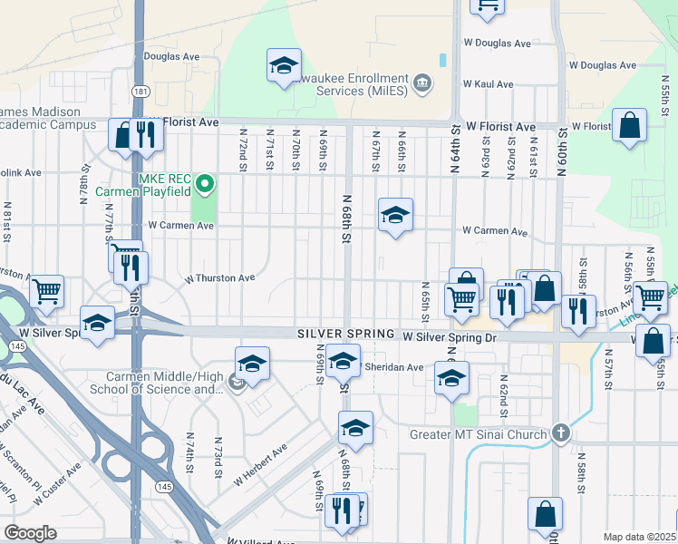 map of restaurants, bars, coffee shops, grocery stores, and more near 5724 North 68th Street in Milwaukee