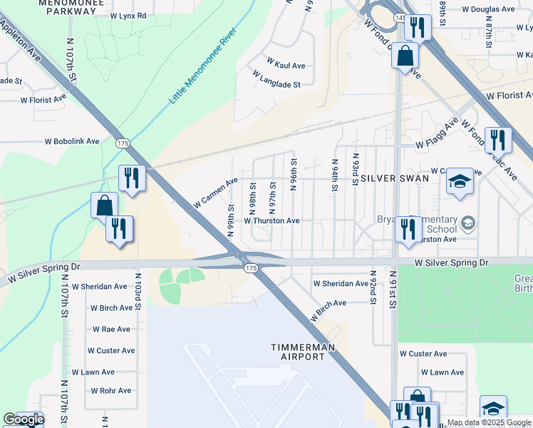 map of restaurants, bars, coffee shops, grocery stores, and more near 5731 North 97th Street in Milwaukee