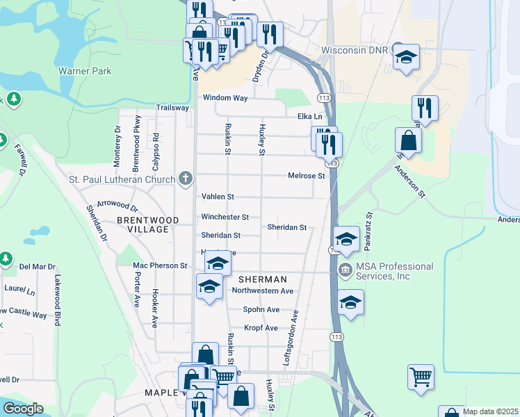 map of restaurants, bars, coffee shops, grocery stores, and more near 1901 Vahlen Street in Madison