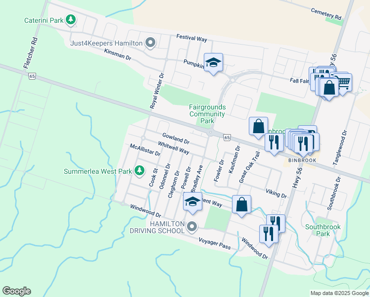 map of restaurants, bars, coffee shops, grocery stores, and more near 56 Whitwell Way in Hamilton