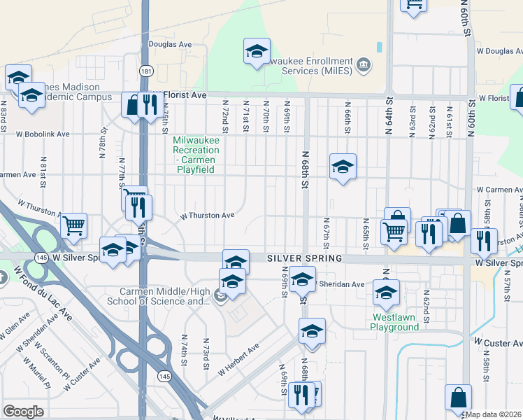 map of restaurants, bars, coffee shops, grocery stores, and more near 5727 North 70th Street in Milwaukee