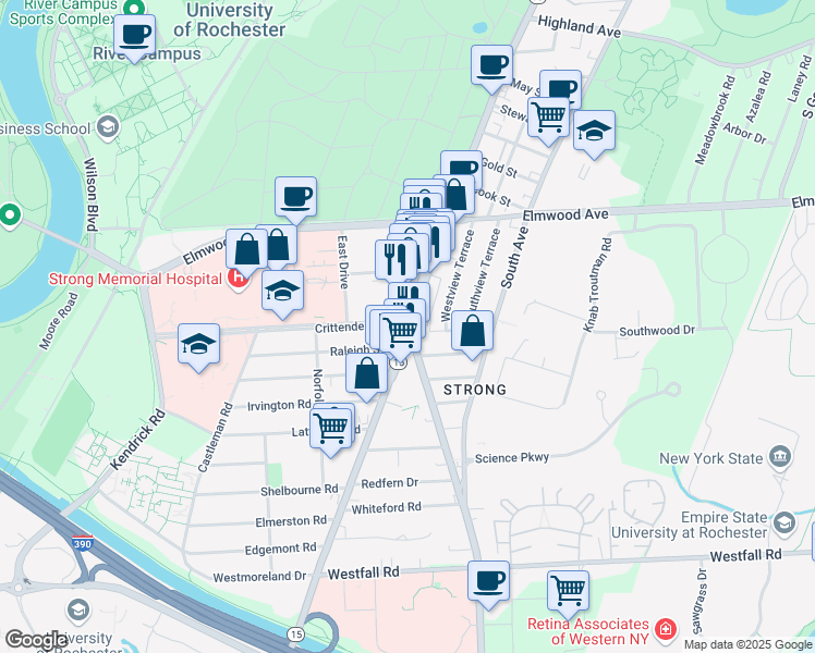 map of restaurants, bars, coffee shops, grocery stores, and more near University of Rochester in Rochester