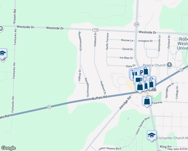 map of restaurants, bars, coffee shops, grocery stores, and more near 77 Hubbard Drive in North Chili