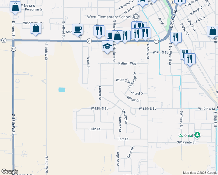 map of restaurants, bars, coffee shops, grocery stores, and more near 915 South Haskett Street in Mountain Home