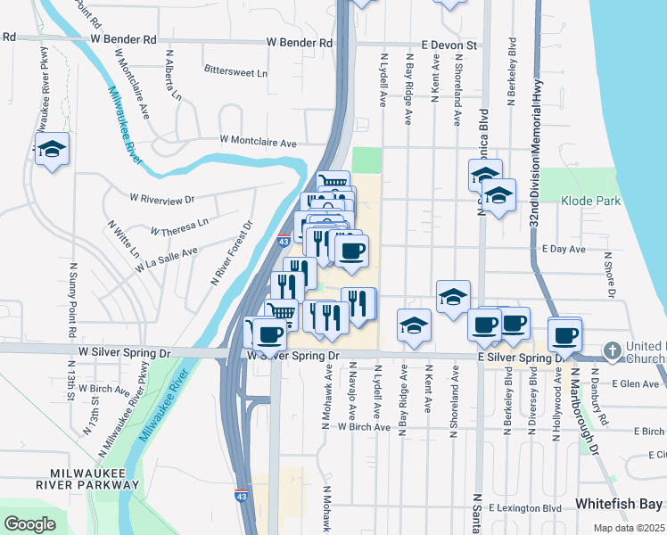 map of restaurants, bars, coffee shops, grocery stores, and more near 5738 North Bayshore Drive in Glendale