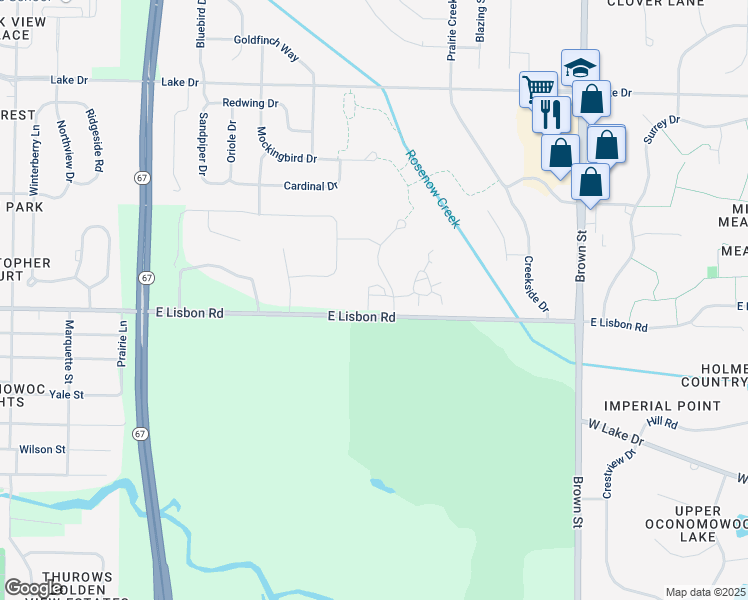 map of restaurants, bars, coffee shops, grocery stores, and more near 1010 Pine Ridge Court in Oconomowoc