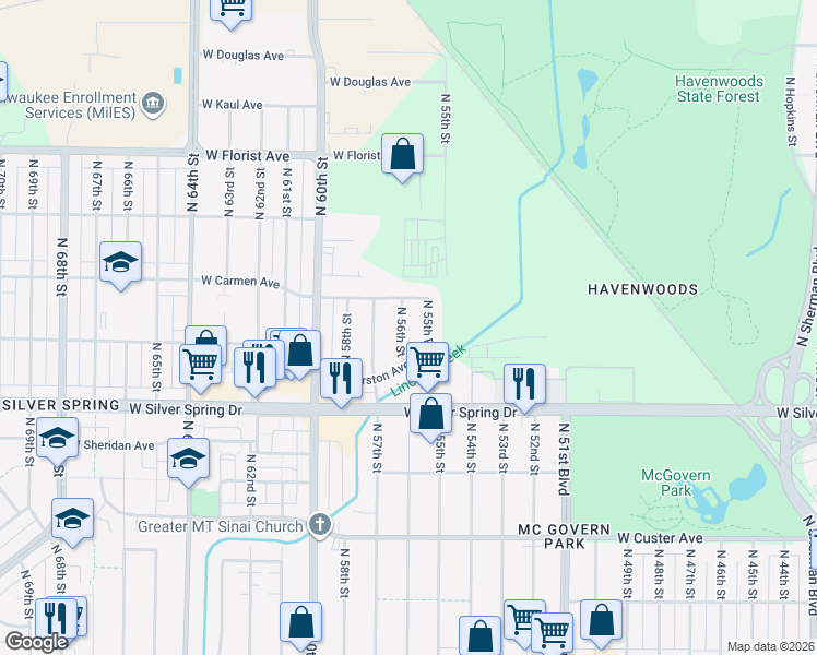 map of restaurants, bars, coffee shops, grocery stores, and more near 5708 North 56th Street in Milwaukee