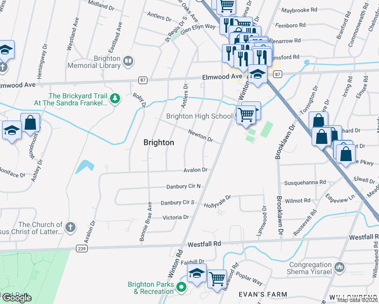 map of restaurants, bars, coffee shops, grocery stores, and more near 218 Buckland Avenue in Rochester