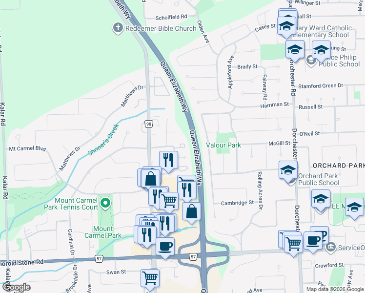map of restaurants, bars, coffee shops, grocery stores, and more near 3357 Cardinal Drive in Niagara Falls