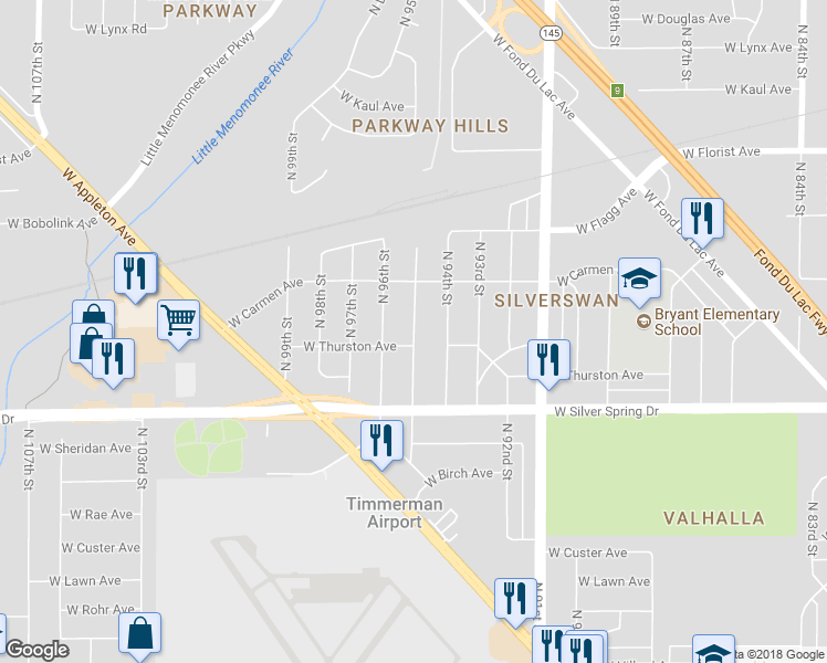 map of restaurants, bars, coffee shops, grocery stores, and more near 5715 North 95th Street in Milwaukee