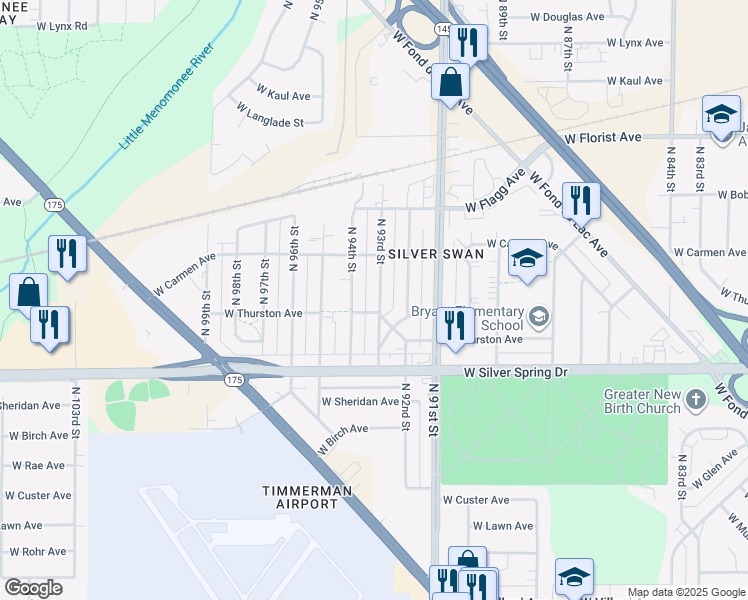 map of restaurants, bars, coffee shops, grocery stores, and more near 5715 North 93rd Street in Milwaukee