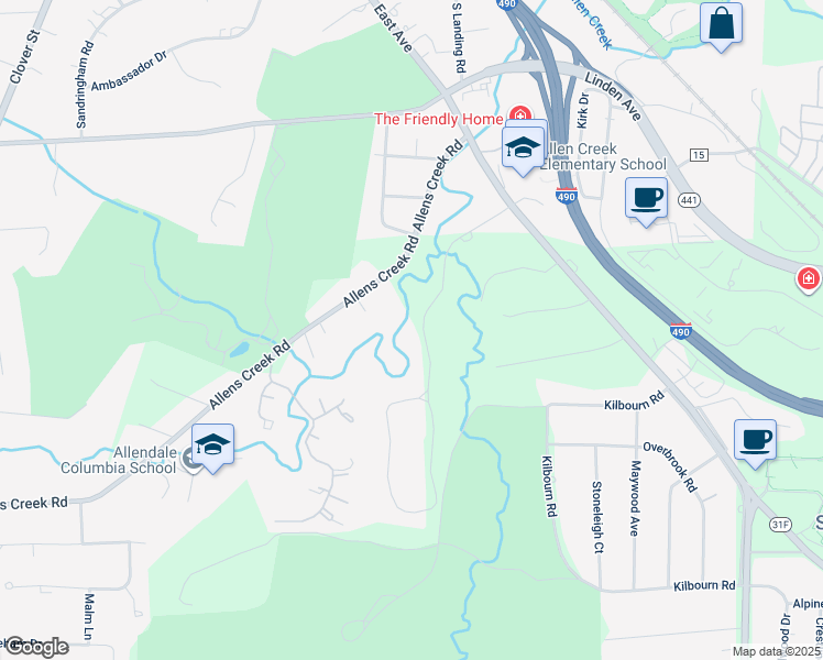map of restaurants, bars, coffee shops, grocery stores, and more near 39 Knollwood Drive in Rochester