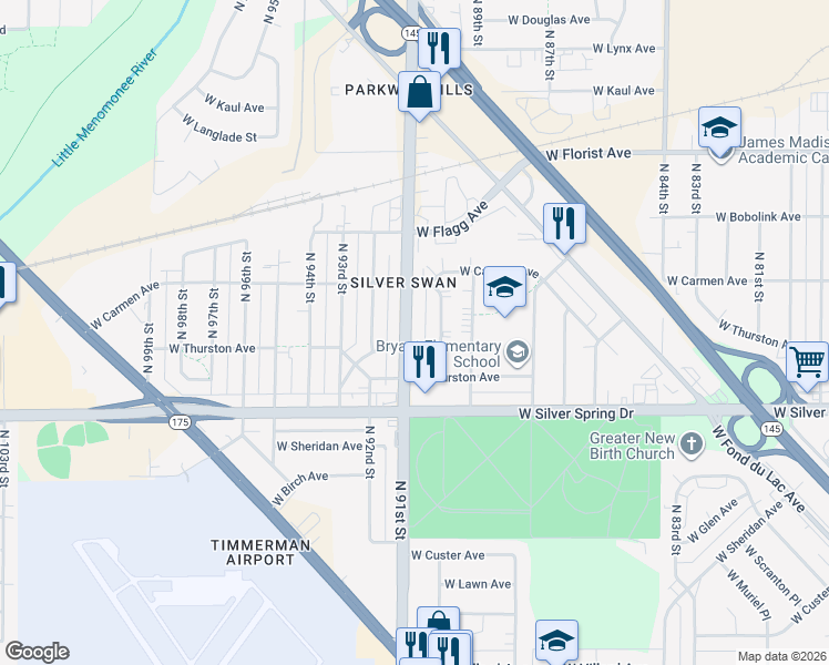 map of restaurants, bars, coffee shops, grocery stores, and more near 5723 North 91st Street in Milwaukee