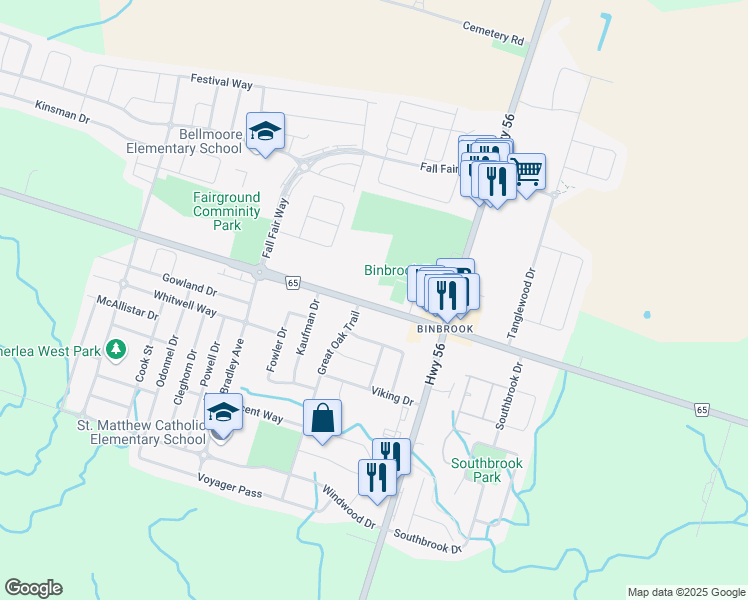 map of restaurants, bars, coffee shops, grocery stores, and more near 3084 Binbrook Road in Hamilton