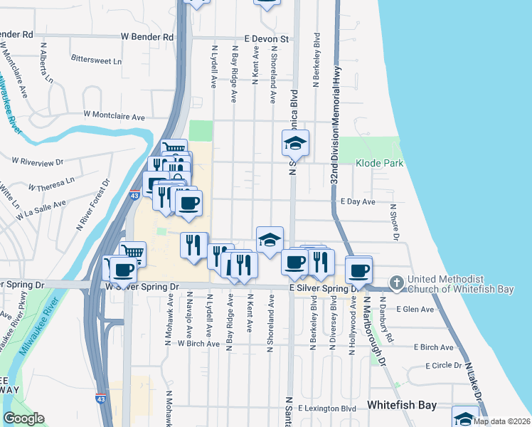 map of restaurants, bars, coffee shops, grocery stores, and more near 5760 North Kent Avenue in Whitefish Bay