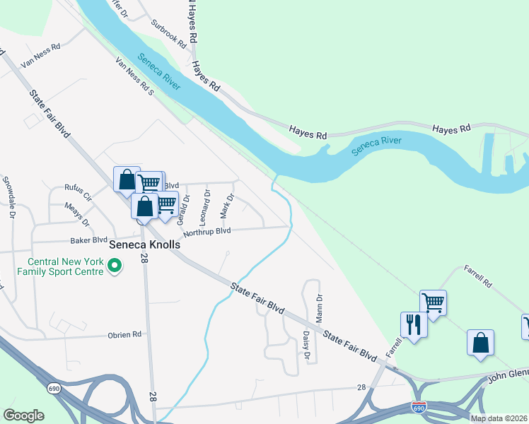 map of restaurants, bars, coffee shops, grocery stores, and more near 104 Seneca View Drive in Syracuse