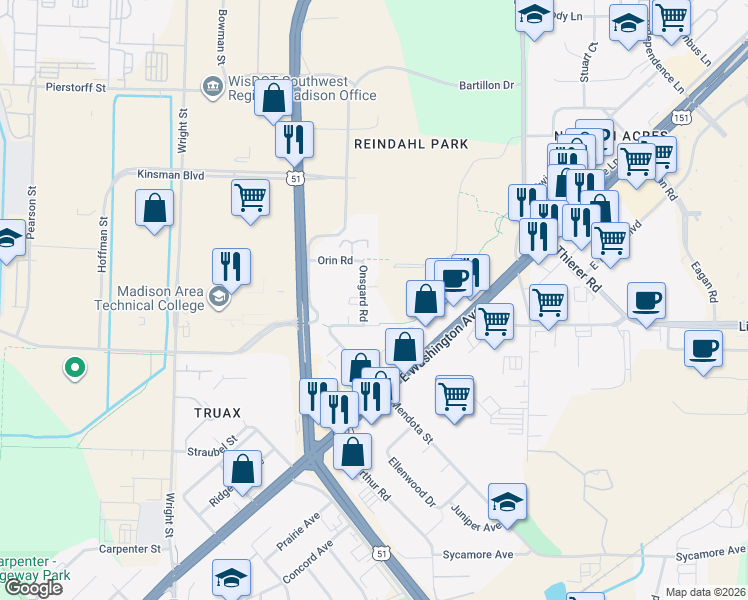 map of restaurants, bars, coffee shops, grocery stores, and more near 1709 Onsgard Road in Madison