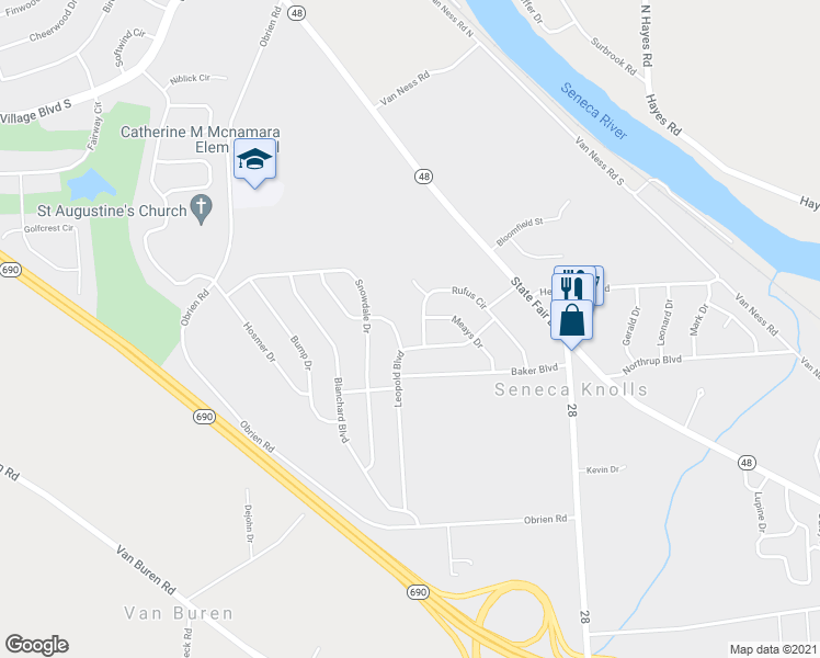 map of restaurants, bars, coffee shops, grocery stores, and more near 146 Rufus Circle in Syracuse