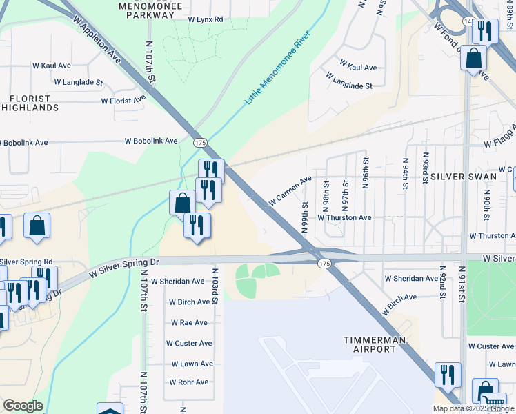 map of restaurants, bars, coffee shops, grocery stores, and more near 10111 West Appleton Avenue in Milwaukee