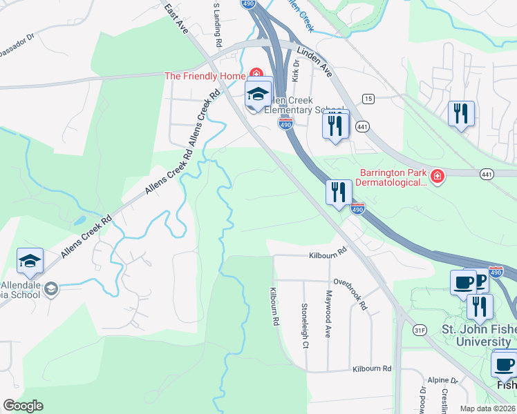 map of restaurants, bars, coffee shops, grocery stores, and more near 10 Old Landmark Drive in Rochester