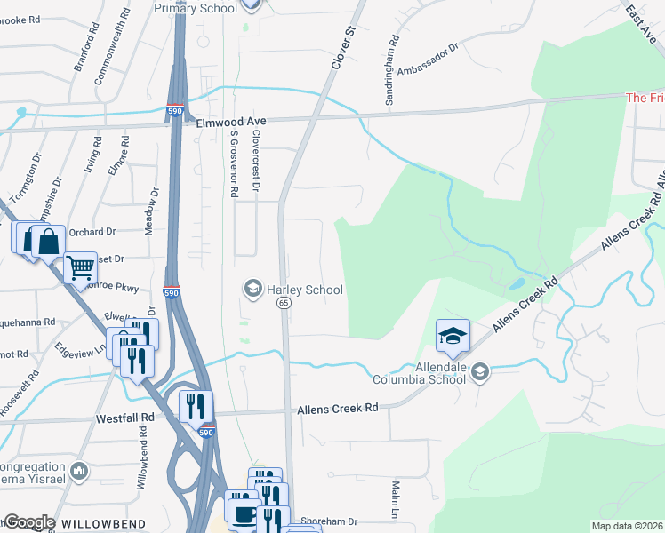 map of restaurants, bars, coffee shops, grocery stores, and more near 130 Whitewood Lane in Rochester