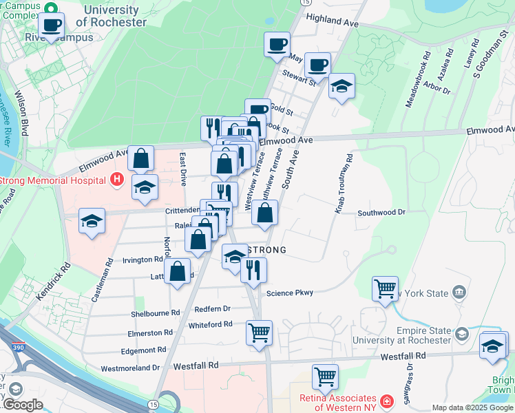map of restaurants, bars, coffee shops, grocery stores, and more near 134 Westview Terrace in Rochester