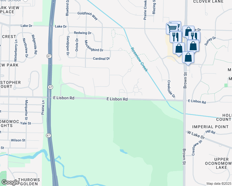 map of restaurants, bars, coffee shops, grocery stores, and more near 1010 Pine Ridge Court in Oconomowoc