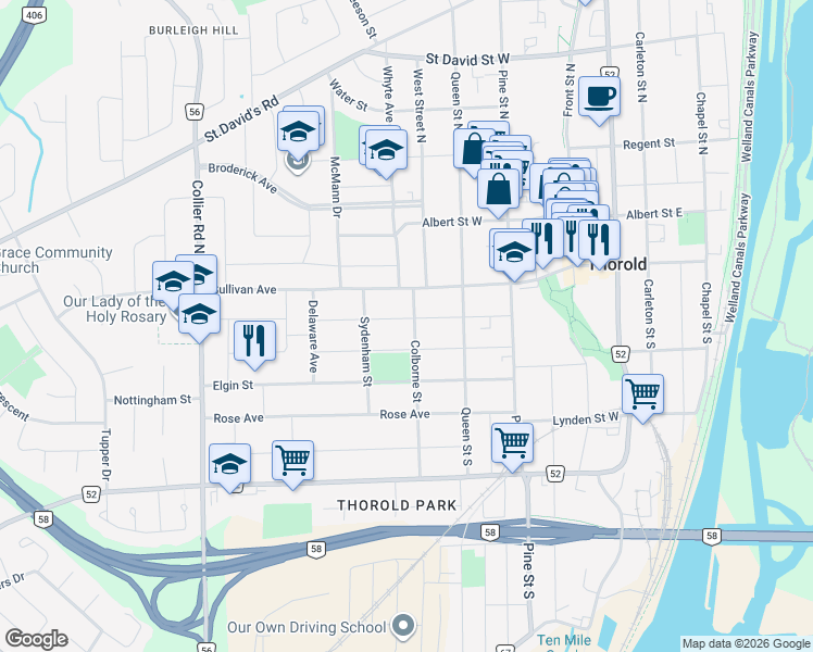 map of restaurants, bars, coffee shops, grocery stores, and more near 17 Colborne Street in Thorold