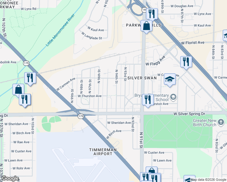 map of restaurants, bars, coffee shops, grocery stores, and more near 5721 North 94th Street in Milwaukee