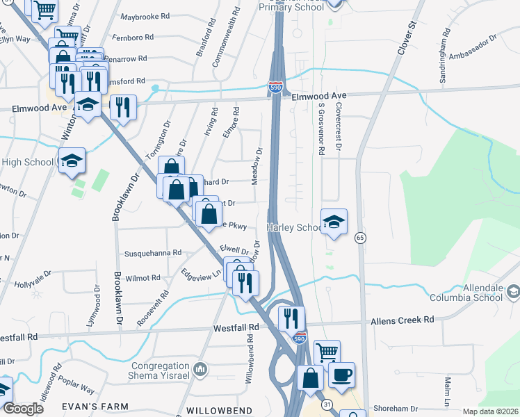map of restaurants, bars, coffee shops, grocery stores, and more near 171 Sunset Drive in Rochester