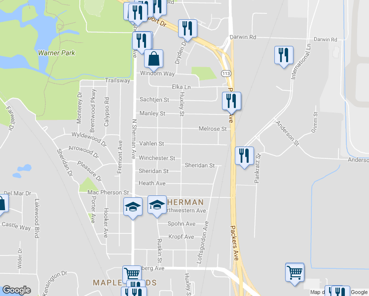map of restaurants, bars, coffee shops, grocery stores, and more near 1901 Vahlen Street in Madison