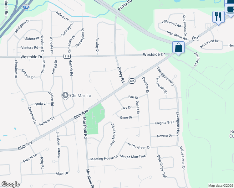 map of restaurants, bars, coffee shops, grocery stores, and more near 2721 Chili Avenue in Rochester