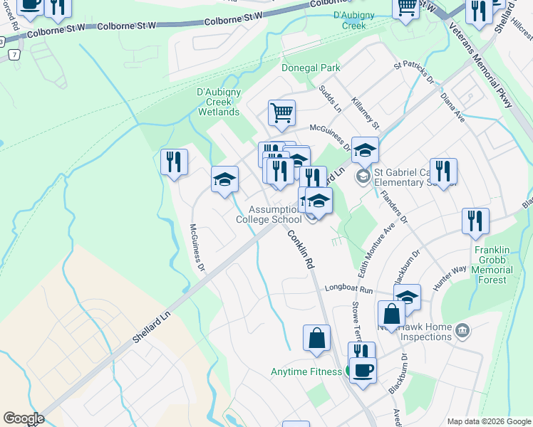 map of restaurants, bars, coffee shops, grocery stores, and more near in Brantford