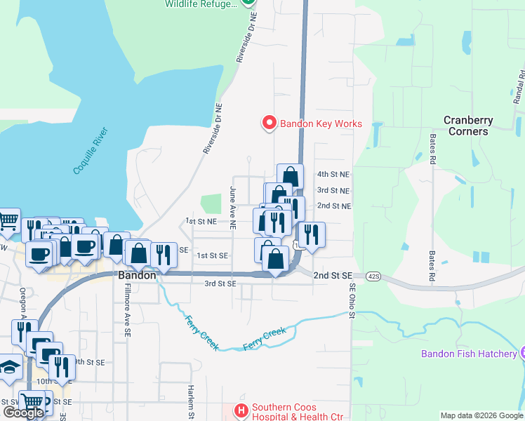map of restaurants, bars, coffee shops, grocery stores, and more near 960 2nd Street Northeast in Bandon