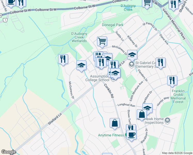 map of restaurants, bars, coffee shops, grocery stores, and more near in Brantford
