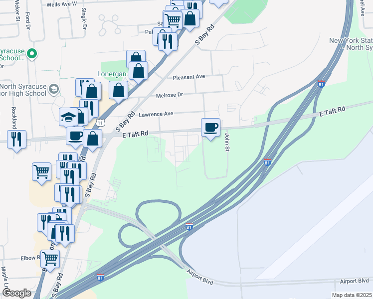 map of restaurants, bars, coffee shops, grocery stores, and more near 5520 East Taft Road in Syracuse