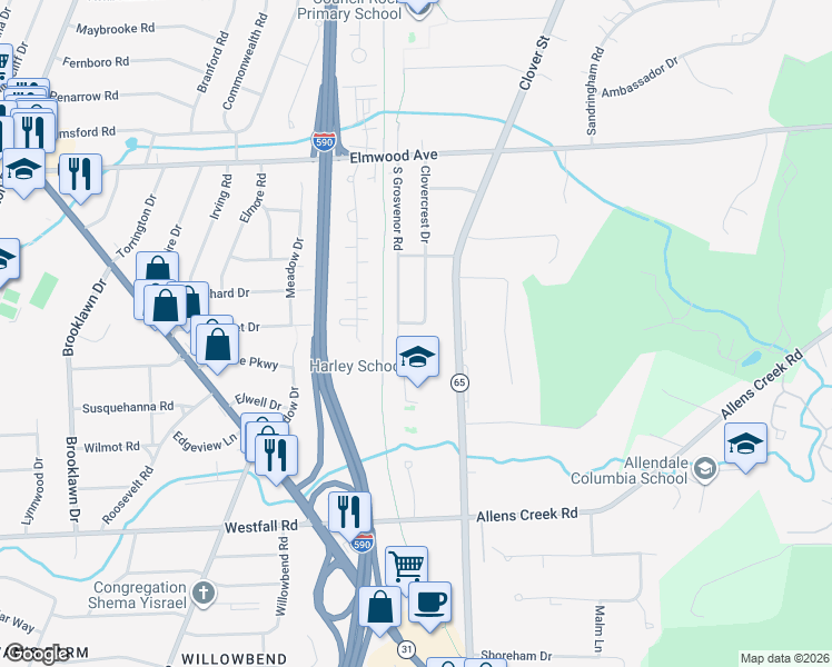map of restaurants, bars, coffee shops, grocery stores, and more near 45 Emmons Drive in Rochester