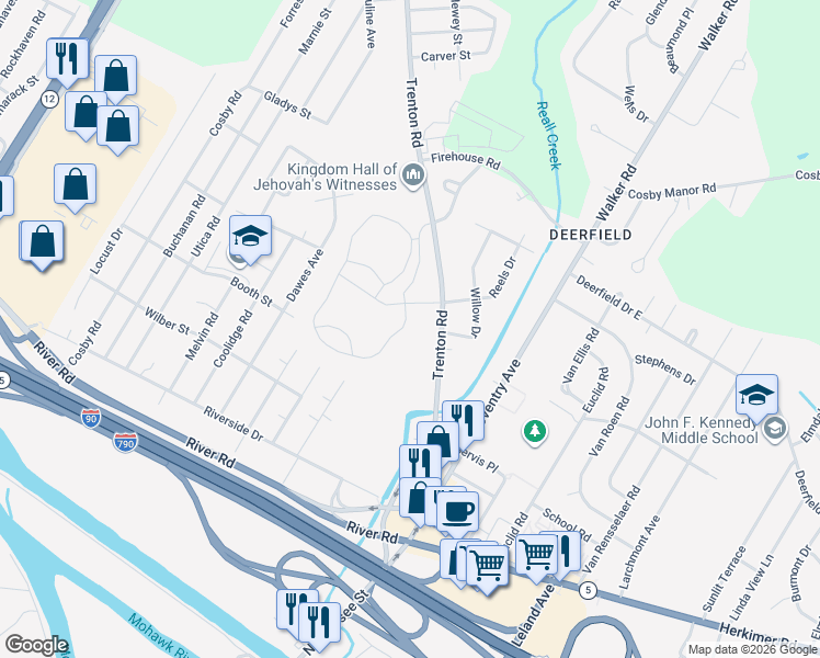 map of restaurants, bars, coffee shops, grocery stores, and more near 1 Patriot Circle in Utica