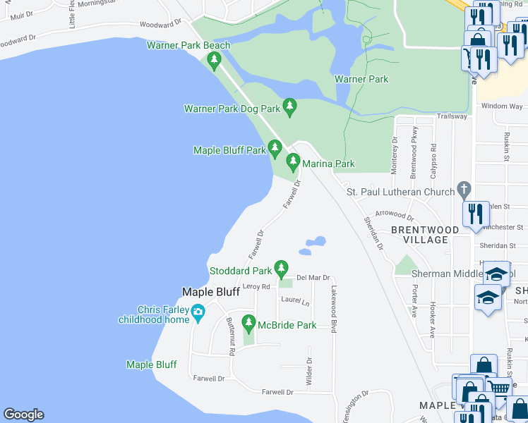 map of restaurants, bars, coffee shops, grocery stores, and more near 1215 Farwell Drive in Madison