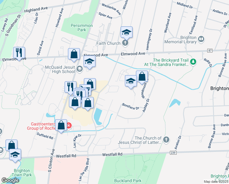 map of restaurants, bars, coffee shops, grocery stores, and more near 100 Brittany Circle in Rochester